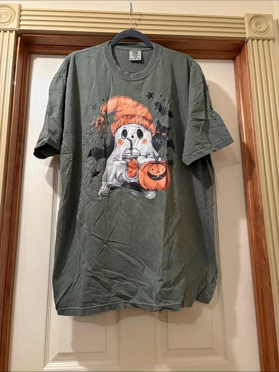 Comfort Colors Tops - Comfort Colors Green Halloween Ghost Tee with Orange Pumpkin Graphic